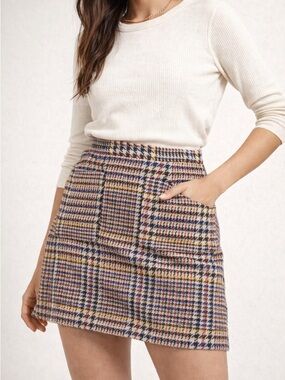ModCloth Plaid Mini Skirt Wool Blend Houndstooth Multicolor A-Line Size M